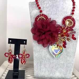 Elegant Red Floral Necklace and Earring Set
